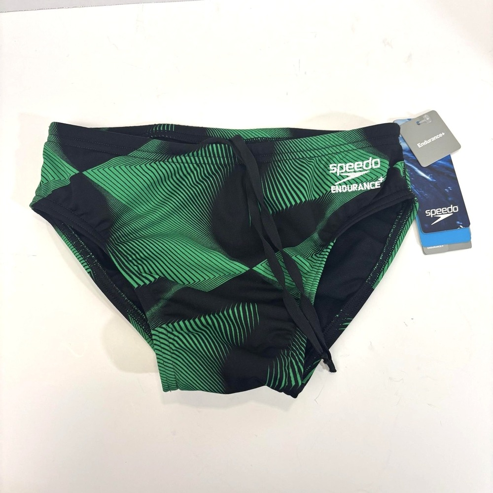 NWT Speedo Endurance+ Racing Swim Briefs Boys 26 Green Black Swimsuit Team‎